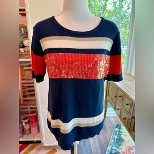 Joan Vass Sequin Stripe Sweater M – Navy, Red, White, Cotton Knit